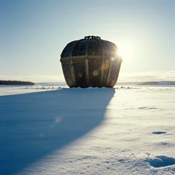 the first snow on a young earth, majestic landscape, long shadows, giant pandora box on the horizon line, still frame from the voyage of time movie by terrence malick with cinematogrophy of emmanuel lubezki with art direction of giger, arri alexa, ultra wide anamorphic lens, optical flares, 8 k