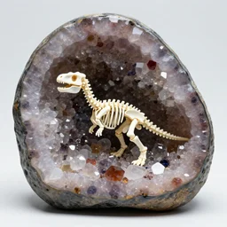 tiny dinosaur skeleton inside a geode of multi-colored crystals