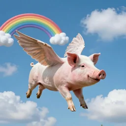 studio photograph of a flying pig with wings depicted as a muppet in a blue sky with cotton ball clouds and rainbows