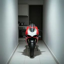 a huge 2 0 1 9 ducati panigale v 4 standing in the corridor to a tiny kitchen, in the dark, white tile on the floor, by paolo pellegrin, by trent parke, prize winning photo, cinematic