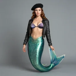 full - length portrait of a mermaid wearing a beret and an open jacket, by vladimir makovsky, and donato giancola.