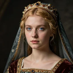 portrait of young woman in medieval dress and medieval headdress, blue eyes and blond hair, style by the caravaggio