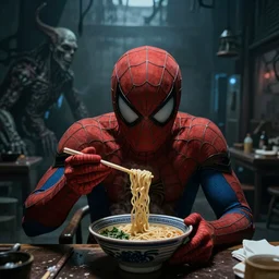 spiderman eating ramen, H.R. Giger, creepy, found footage, liminal space