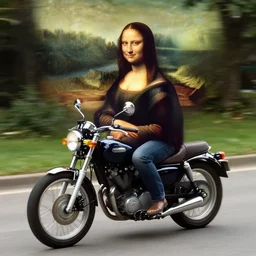 mona lisa riding a motorcycle in the park