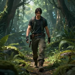 realistic final fantasy character walking through a jungle, atmosperic, dramatic lighting, trending on artstation, ark survival evolved