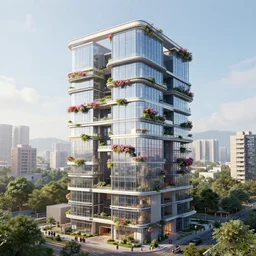 multistory building, flowers, glass openings, archviz, cgi, trending on artstation, corona renderer, unreal engine, ray tracing, 3 ds max, cinematic, city in the background
