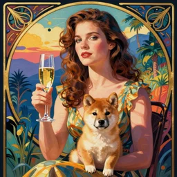 faye dunaway with glass of champagne in her hand and a shiba inu puppy on her lap. art nouveau. colorful