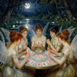 a group of gracious fairies with wings playing cards on a table in an atmospheric moonlit forest next to a beautiful pond filled with water lilies, artwork by ida rentoul outhwaite, realistic female faces
