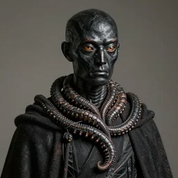 huge, impassive black-skinned clone with bronze eyes and insect tentacle wrapped tightly around neck like scarf, wearing cloak, by Greg Rutkowski, Alphonse Mucha, Brom, and Beksinski