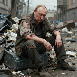 putin as homeless man, alcoholic, city madman, torn clothes, bruises, dump, garbage can, artstation, artgerm, 8 k, highly detailed, rossdraws, frank frazetta, andrei riabovitchev, marc simonetti