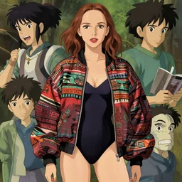 a beautiful! boyish! natalie portman alluring gravure! model, wearing oversized aztec bomber jacket and leotard, poofy bomber jacket with mayan patterns, gapmoe yandere grimdark, trending on pixiv fanbox, painted by greg rutkowski makoto shinkai takashi takeuchi studio ghibli, akihiko yoshida
