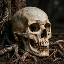 A skull made from twisted, and rotted tree roots