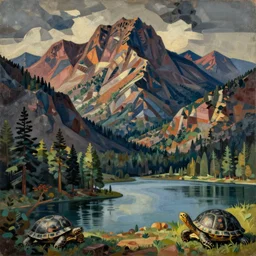 mountains, trees, lake and turtles, by pablo picasso