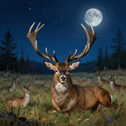 stars happy night grand deer wilderness stalking prey fields fantasy illustration sharp focus moonlit vista starlight painted ruan jia raymond swanland lawrence alma tadema zdzislaw beksinski norman rockwell tom lovell alex malveda greg staples