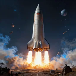 giant scifi space rocket, fired into space in a blaze of smoke and blue fire, exhaust engine fireing, landscape, alex ross, eddie mendoza, raphael lacoste, george lucas, star wars, star citizen, horizon zero dawn, sebastian ludke, concept art, matte painting, highly detailed, rule of thirds, dynamic lighting, cinematic, realism, realistic, photo real, detailed, magnificiant landscape, denoised, centerd