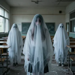 photograph of a ghost girl in an abandoned school, ghost, scary, spooky ghost, ghosts