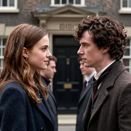 bbc sherlock holmes with face of katie holmes, john watson with face of emma watson, long hair on head, long shot, baker street 2 2 1 b at background, still from sherlock bbc movie, intricate, cinematic lighting, smooth, sharp focus, award winning portrait studio lighting by jessica rossier and brian froud and gaston bussiere