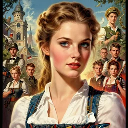 detailed - face!!!, highly detailed german ww 2 pinup poster of young german woman wearing a dirndl, stephen bliss, unreal engine, fantasy art by greg rutkowski, loish, rhads, ferdinand knab, makoto shinkai and lois van baarle, ilya kuvshinov, rossdraws, tom bagshaw, global illumination, radiant light, detailed and intricate environment