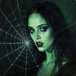 a beautiful terrifying painting dark gothic ana de armas close up woman in a spider web, green, and black hues by basil gogos norman rockwell takato yamamoto