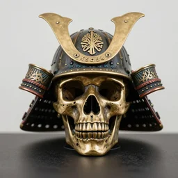 old bronze skull wearing a samurai helmet, professional photo shot, depth of field, intricate details