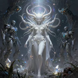 muted vaporwave ombre matte painting beautiful sinister nordic alabaster female skullpunk spirit guardian, sleek iridescent enchanted intergalactic mecha garden, man machine chimeric beholder polyphemous, power crystals psychotropic frequencies singularity, nagel, artgerm, wlop, james jean, andrei riabovitchev, marc simonetti, yoshitaka amano, artstation, cgsociety