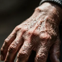 closeup photograph of an old, wrinkled hand. Shallow depth of field. Strong keylight.
