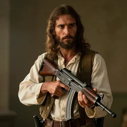 jesus christ with a thompson submachine gun, movie still, cinematic lighting, 4 k