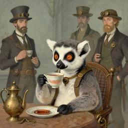 an steampunk lemur having a cup of tea, muted colors, by rebecca guay, michael kaluta, charles vess and jean moebius giraud
