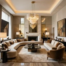 a high end luxury living room designed by frank lloyd wright, interior design magazine photography