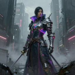 an epic portrait of a cyberpunk knight wizard wearing a neon robe posing in a foggy brutalist international futurist megacity, Night City, cyberpunk 2077, muted neon and constant rain and fog, unreal 5, DAZ, detailed, soft focus, brilliant colors, high contrast, brilliant highlights, 4k, 8k, HD, trending on artstation, trending on DeviantArt, painting oil on canvas illustration by Alena Aenmai by Wayne Barlowe by Gerald Brom by Noah Bradley by Thomas Kincade