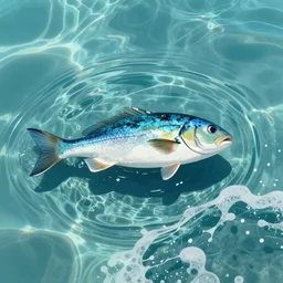 An aesthetically pleasing, dynamic, energetic, lively, well-designed digital art of fish, ripples, waves, sea foam, light and shadow, ocean caustics, aizome patterns, by Hokusai and Ohara Koson and Thomas Kinkade, traditional Japanese colors, superior quality, masterpiece, excellent use of negative space