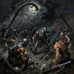 oil painting of 1 9 7 8 battle - panorama nightmare of horror fang garbage weapons, by alberto bontempi, simon bisley & boris vallejo, hyper realism, black light, hyper detailed cinematical