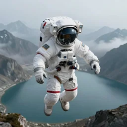 space astronaut in front of camera flying over himalaya mountains lake, small foggy and blue gloomy, bokeh background, highly detailed science fiction illustration by jeremy geddes. photorealistic, octane render, hyper detailed, 8 k, movie still, artstation, unreal engine