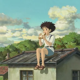 a girl sitting on the roof of a building eating a sandwich, zoomed out, wide shot, art by hayao miyazaki, studio ghibli film, hi res, 4k, high detail