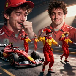 Ferrari clowns dancing in front of crying Charles Leclerc