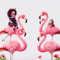 a colorful portrait photograph of divine in pink flamingos, 1 9 9 0 s, with diabolical cursed creepy dolls and flamingos, poppy playtime style, with crazy laughs and crazy eyes, riding a flamingo, taken by martin parr, saturated colour photo, high definition, 8 k