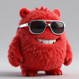 3 d render of completely red hairy friendly monster smiling wearing chrome shades, full body, simple, cute, white background, unreal engine 5 hdr