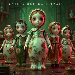 a 3d rendered animated movie poster about eerily beautiful old porcelain dolls, rendered in renderman, color grade green red, dramatic lighting, fine details, by Carlos Ortega Elizalde
