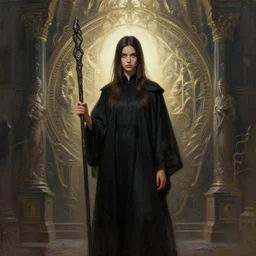 perfectly - centered - portrait of a girl wearing black robe holding stick, strong backlight, intricate, epic scale, rule of third, highly detailed, digital painting, artstation, concept art, sharp focus, illustration, oil painting, unreal engine 5, 8 k, art by artgerm and james jean and sam spratt and greg rutkowski