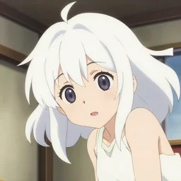 anime film visual portrait of a young girl with white hair in her room interior, cute face by ilya kuvshinov makoto shinkai kyoto animation, dynamic perspective pose detailed facial features eyes, crisp and sharp cel shade