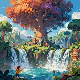 Planet Of joy, happiness, waterfalls in technicolor, twisted trees, giant ancient tree, Greg Rutkowski, Darek Zabrocki, Karlkka, Jayison Devadas, Phuoc Quan, trending on Artstation, 8K, ultra wide angle, pincushion lens effect
