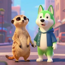 an anthropomorph meerkat and a green anthropomorph husky in a city holding hands, wearing clothing, pixar, fantasy, digital art, artstation