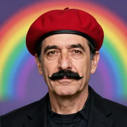 professional portrait of a middle - aged man with a black mustache and a red beret, rainbow background, 8 k, very intricate, very detailed,