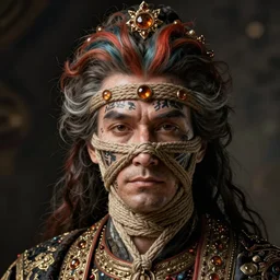 portrait of a Shibari rope wrapped face and neck, headshot, insanely nice professional hair style, dramatic hair color, digital painting, of a old 18th century, Royal Emperor, facial tattoos, amber jewels, baroque, ornate clothing, scifi, realistic, hyperdetailed, chiaroscuro, concept art, art by Franz Hals and Jon Foster and Ayami Kojima and Amano and Karol Bak,