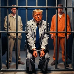trump in prison, striped outfit, handcuffed, mads berg, karolis strautniekas, stippled light, dramatic lighting, fine texutre, editorial illustration, matte print, prison cell bars, film noir, dark blue + dark orange + orange + beige + black + white, dynamic composition, moody