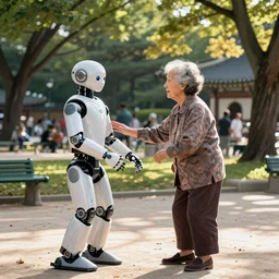 old woman helping a sleek clean humanoid assistant robot in a glamorous Seoul park by Roger Deakins