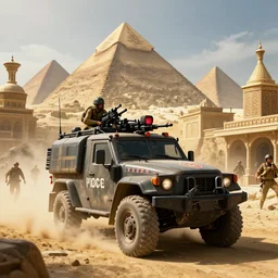 a militarized police vehicle with mounted weapons riding through an orwellian egyptian town, ornate pyramids in the background, furious action scene, an epic fantasy, dramatic lighting, cinematic, establishing shot, extremely high detail, photorealistic, cinematic lighting, artstation, octane render, by simon stalenhag, horizon forbidden west