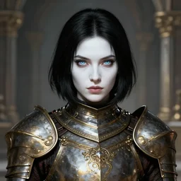 full portrait of beautiful knight lady in the temple, face details, ornamental brass armor, black bob haircut, white skin, icy eyes, dark fantasy, dnd, extremely detailed, smooth, sharp focus, digital illustration, by ironstylus, rossdraws, artgerm