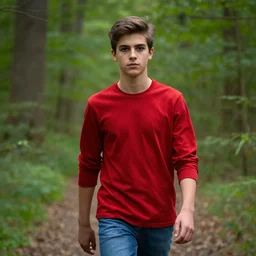 portrait, male teenager, brown hair, red shirt, blue jeans, dark shaped eyes, detailed face, walking in forest, realistic photo.