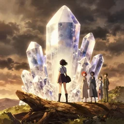 isekai masterpiece by mandy jurgens, irina french, rachel walpole, and alyn spiller of an anime woman standing tree log looking up at giant crystals, high noon, cinematic, very warm colors, intense shadows, ominous clouds, anime illustration, anime screenshot composite background